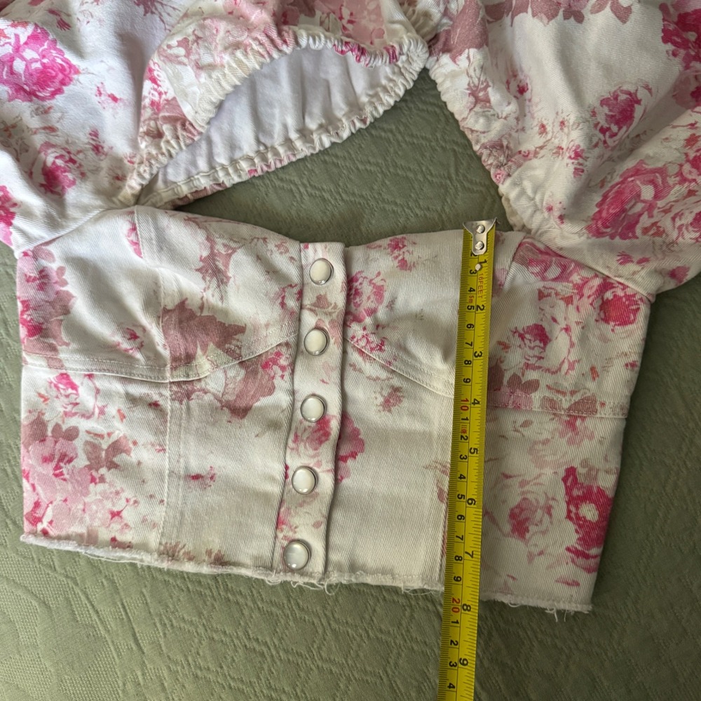 For Love & Lemons Pink Floral Corduroy Puff Sleeve Crop Top XS - Picture 9 of 10